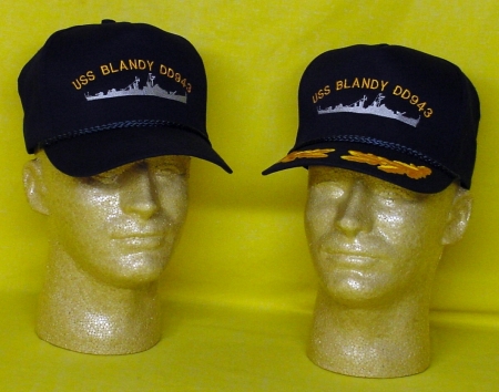 Navy Blue Poplin Ballcap with your Ship's Silhoutte, Name and Hull Number embroidered in silver and gold